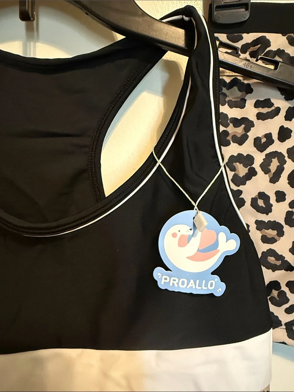 Girls' Black Tankini Swim Top with Leopard Trim and Matching Swim Shorts